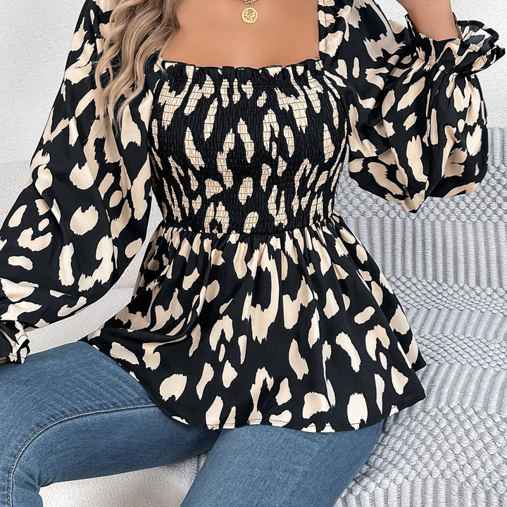 Casual Allover Print Square Neck Shirred Ruffle Hem Blouse