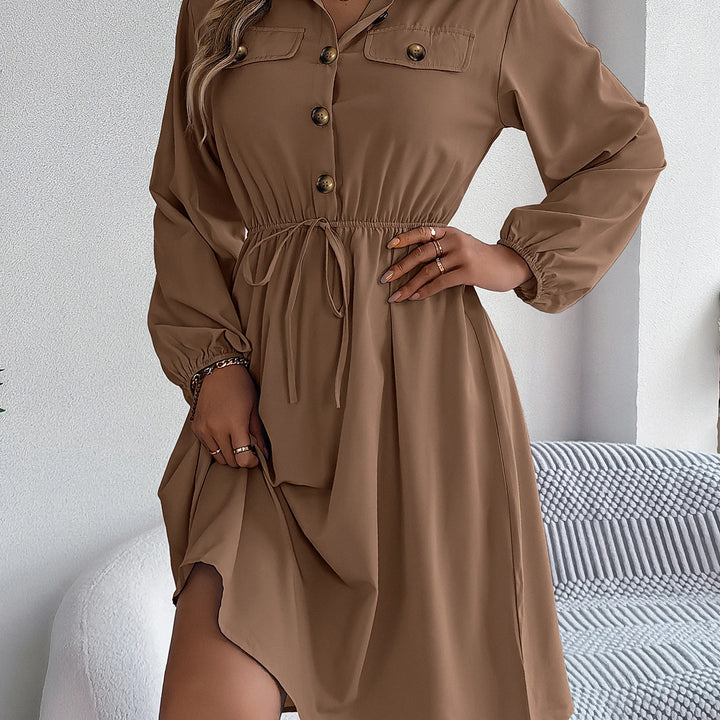 Elegant Button Front Lantern Sleeve Dress - Cinched Waist