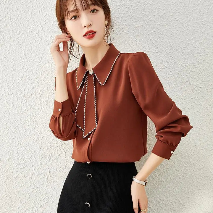 Women's Ribbon Chiffon Shirt - Patchwork French Office Workwear