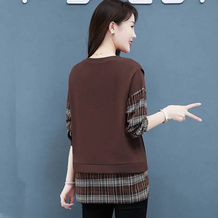 Autumn Plaid Sweatshirt - Casual Round Neck Long Sleeve Patchwork Top