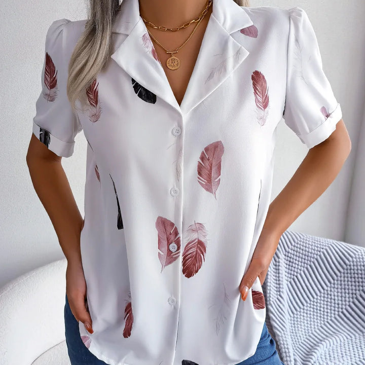 Spring Summer Casual Notched Collar Button Front Feather Printed Short Sleeved Shirt Women Blouse