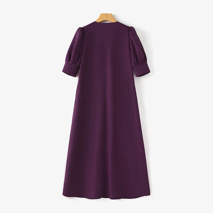 ZANZEA V-neck Pleated Midi Dress with puff sleeves, loose fit