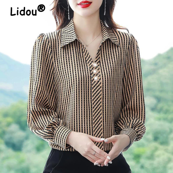 Striped Print Fashion Blouse - Elegant Office Lady Long Sleeve Shirt