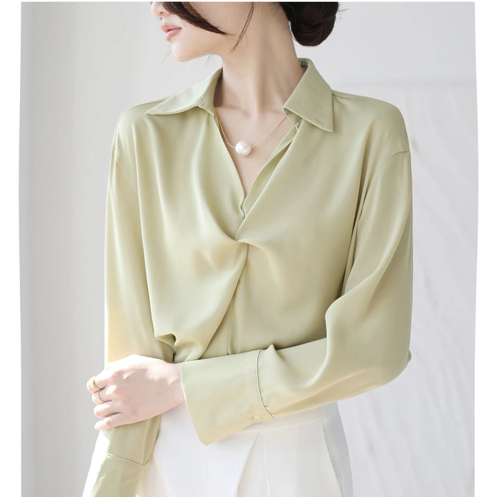 Autumn Casual Turn-Down Collar Blouse - Off-White Chiffon Long Sleeve Shirt