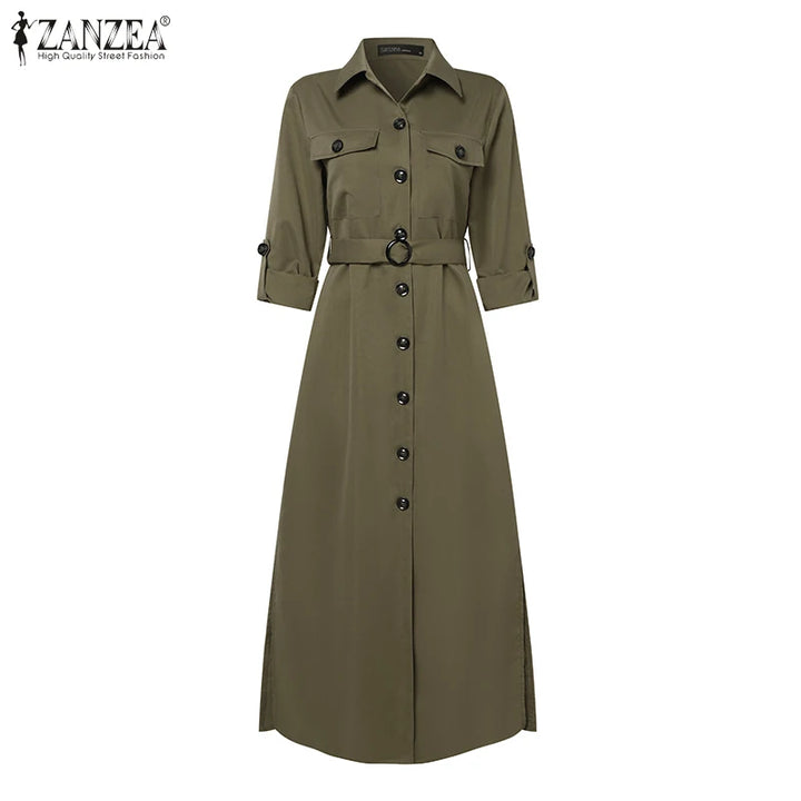 ZANZEA Women's Turn-Down Collar Belted Long Sleeve Maxi Shirtdress