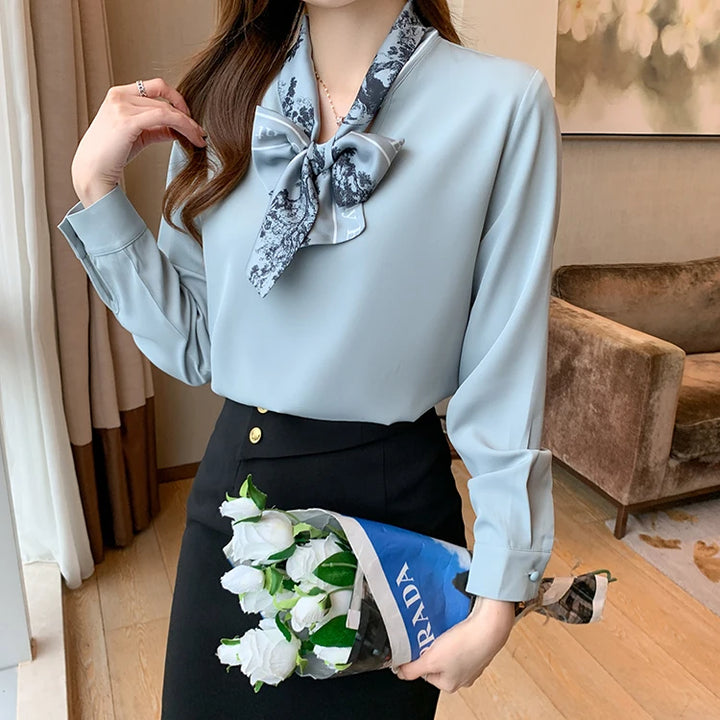 Elegant Autumn Bow Chiffon Blouse - Loose Fit Office Lady Shirt