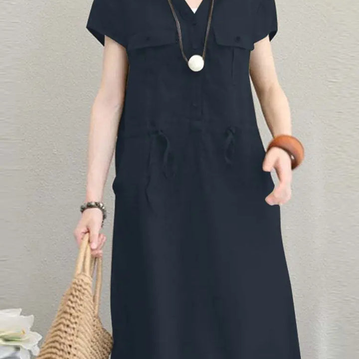 ZANZEA Summer V-Neck Dress - Short Sleeve Drawstring Waist Knee-Length Sundress