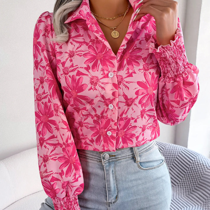 Casual Lapel Button Long Sleeve  Flower Print Shirts