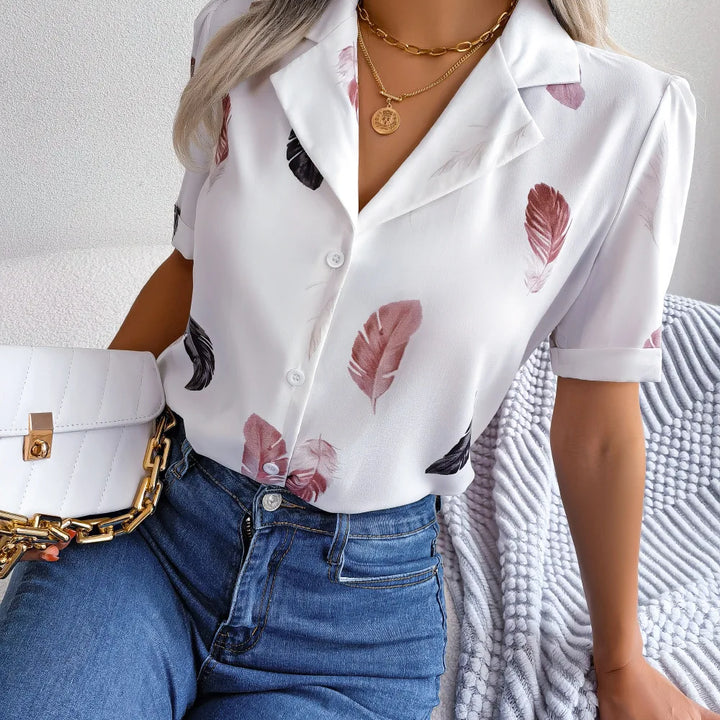 Spring Summer Casual Notched Collar Button Front Feather Printed Short Sleeved Shirt Women Blouse