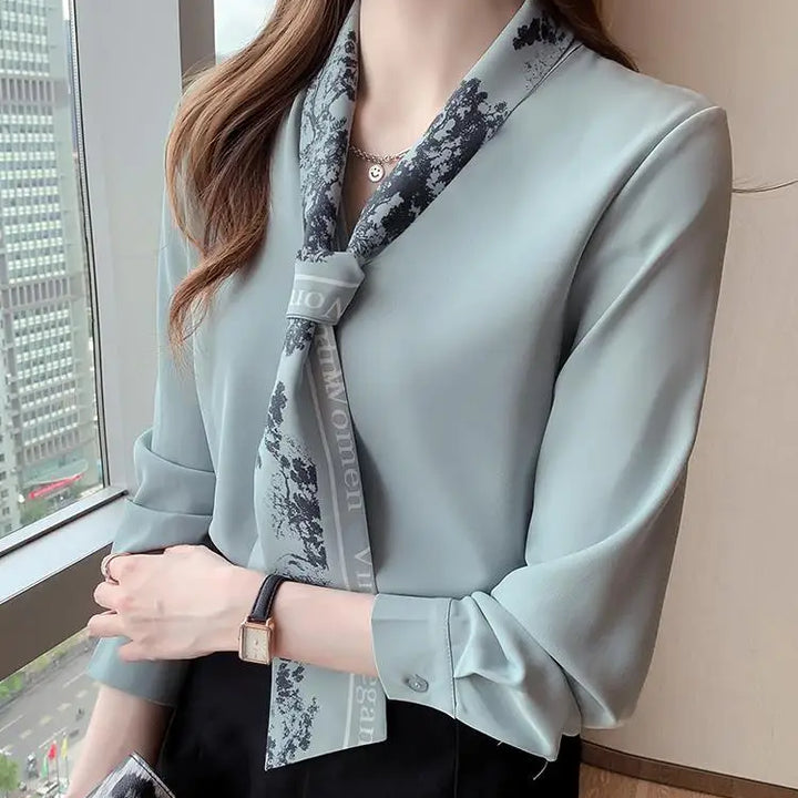 Spring Autumn Scarf Collar Shirt - Elegant Long Sleeve Office Blouse