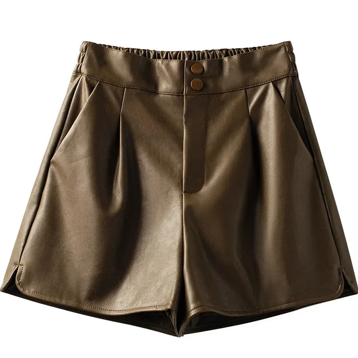 Women's High-Waisted Slimming A-Line Leather Shorts in Coffee Color