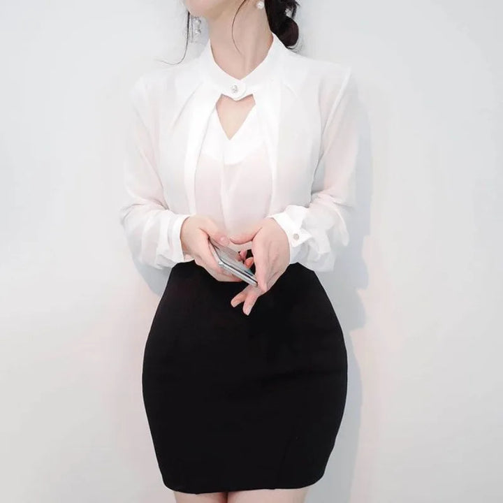 olid Chiffon Blouse - Slim Long Sleeve Hollow Sexy Spring Summer Top