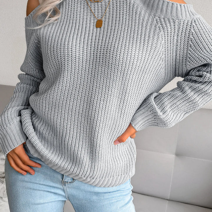 Autumn Winter Solid Color Off-Shoulder Sweater - Crew Neck Long Sleeve Knit Top