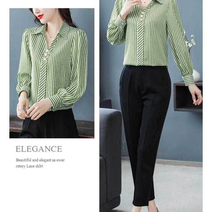 Striped Print Fashion Blouse - Elegant Office Lady Long Sleeve Shirt