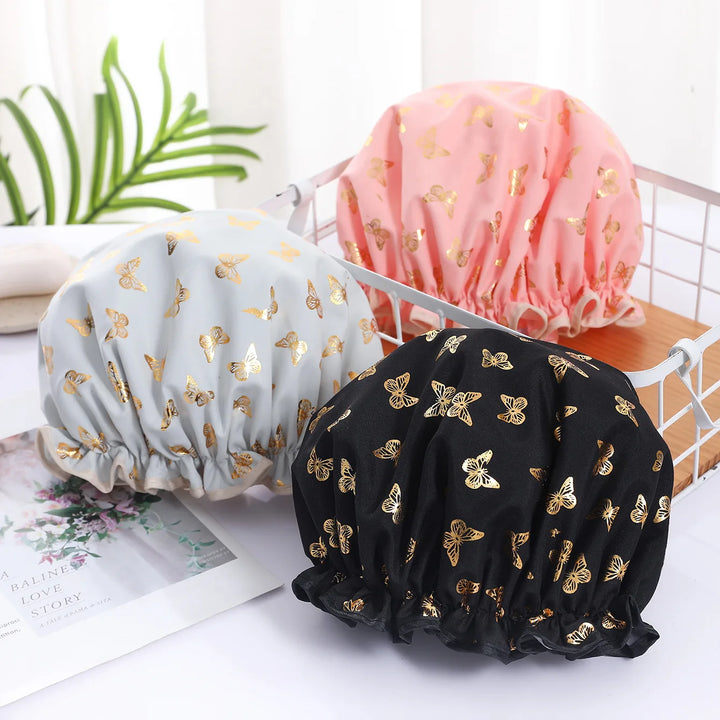 Double Shower Cap Waterproof Hair Cap Hot Gold Printed Terylene Cotton Shower Cap Bathing Women