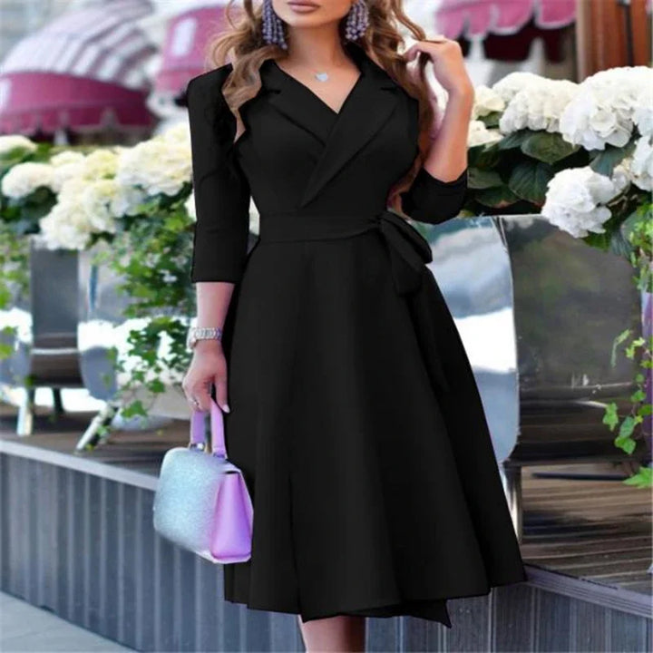 Women's V-Neck Mid-Sleeve Belted Commuter Dress