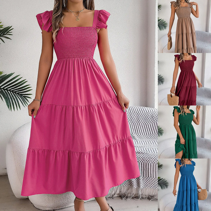 Solid Square Neck Dress - Elegant Waist-Tied Long Dress