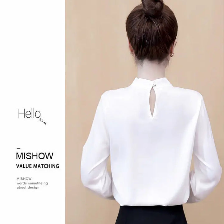 Spring & Summer Satin Shirt - Korean Fashion Bow V-Neck Long Sleeve Top