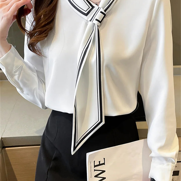 White Chiffon Blouse - Elegant Scarf Collar Long Sleeve Office Top