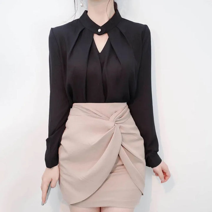 olid Chiffon Blouse - Slim Long Sleeve Hollow Sexy Spring Summer Top