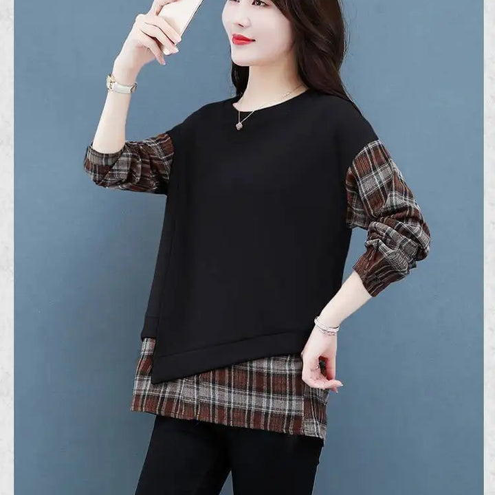 Autumn Plaid Sweatshirt - Casual Round Neck Long Sleeve Patchwork Top