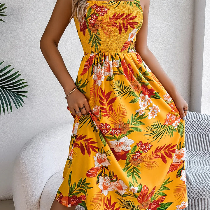 Elegant Square Neck Floral Dress - Waist-Tied Summer Vacation Outfit