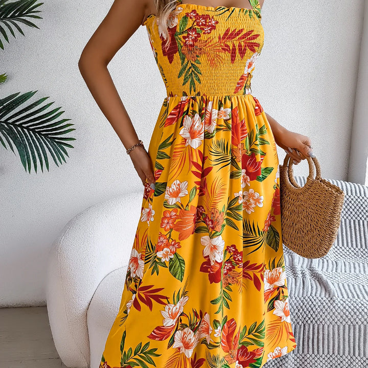 Elegant Square Neck Floral Dress - Waist-Tied Summer Vacation Outfit