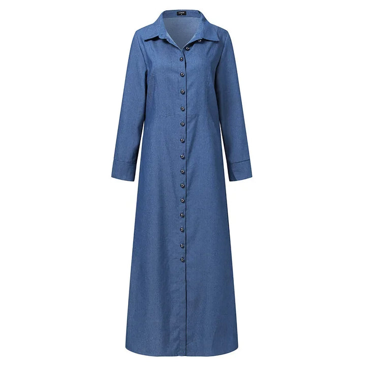 Plus Size Women's Casual Denim Long Dress with Collar and Button-Up