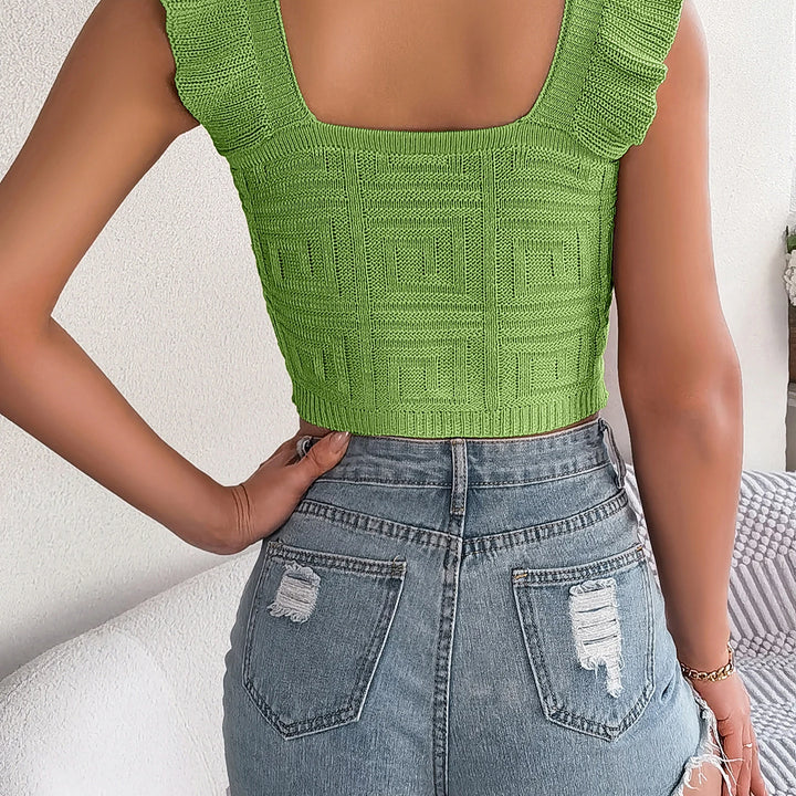 Summer Ruffle Square Neck Knitted Top - Casual Solid Color Vest