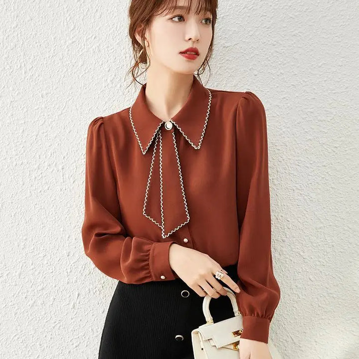 Women's Ribbon Chiffon Shirt - Patchwork French Office Workwear