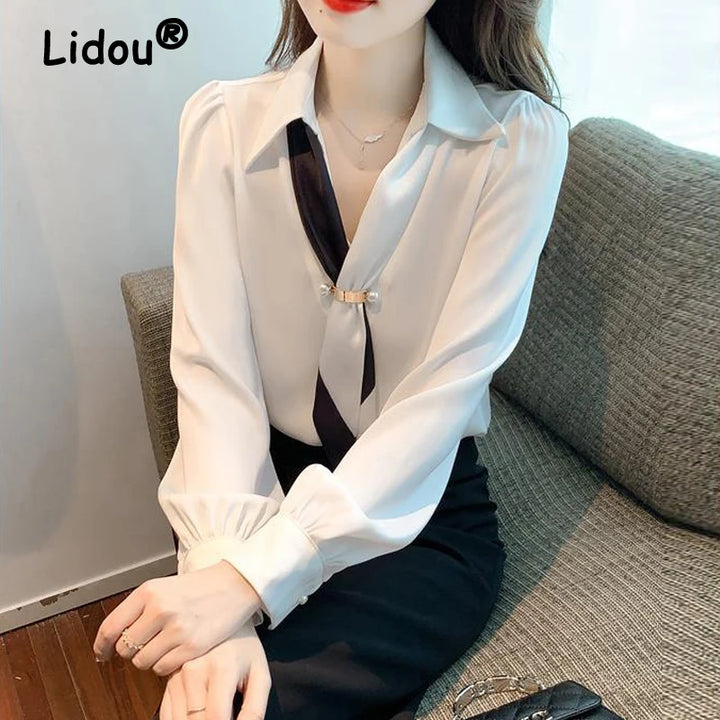 Women’s Bow Tie Blouse - Elegant Korean Fashion V-Neck Long Sleeve Office Top