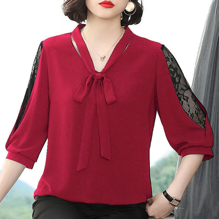 Women’s Spring Summer Blouse - Casual Bow Tie Collar Lace Sleeve Top