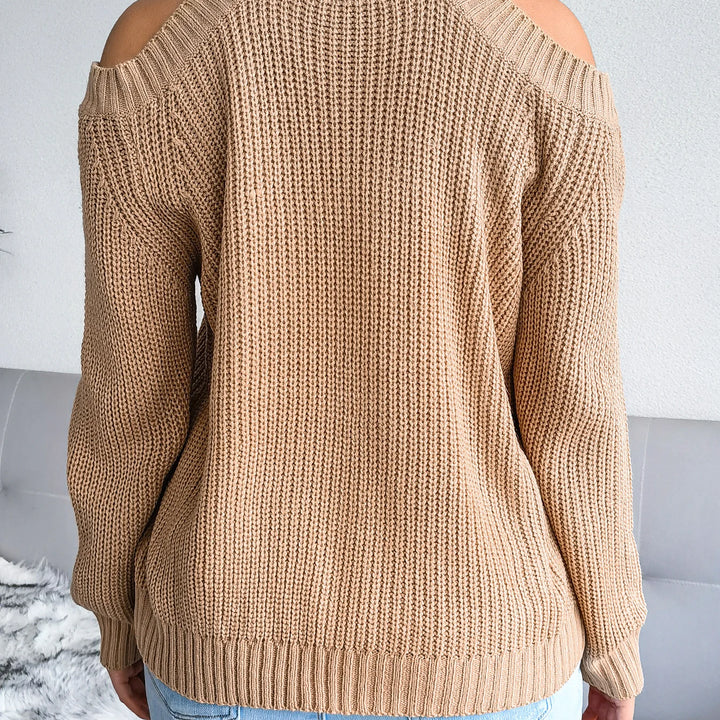 Autumn Winter Solid Color Off-Shoulder Sweater - Crew Neck Long Sleeve Knit Top