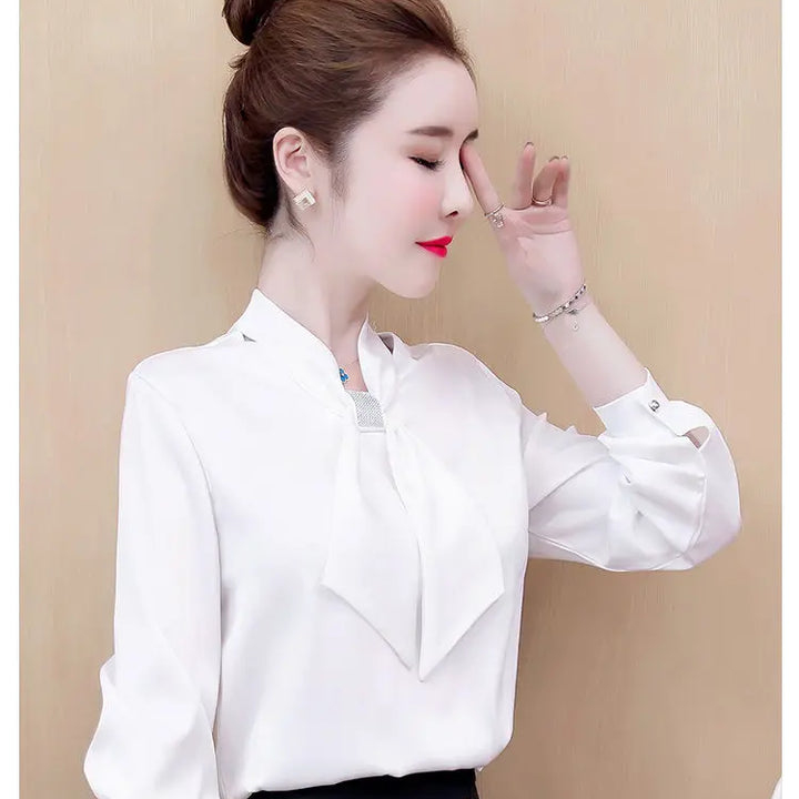 Spring & Summer Satin Shirt - Korean Fashion Bow V-Neck Long Sleeve Top