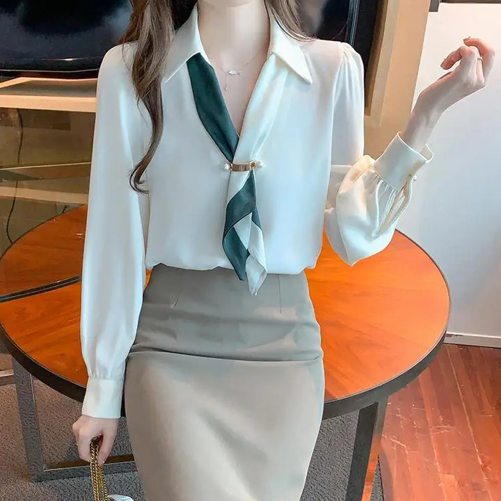 Women’s Bow Tie Blouse - Elegant Korean Fashion V-Neck Long Sleeve Office Top