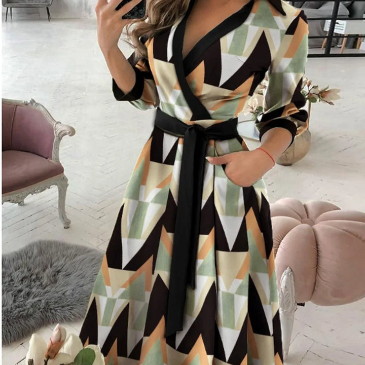 Women's V-Neck Long Sleeve Wrap Dress with various prints