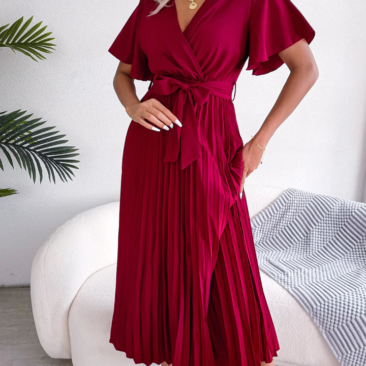 Elegant High Waist Ruffled Sleeve Pleated Maxi Dress