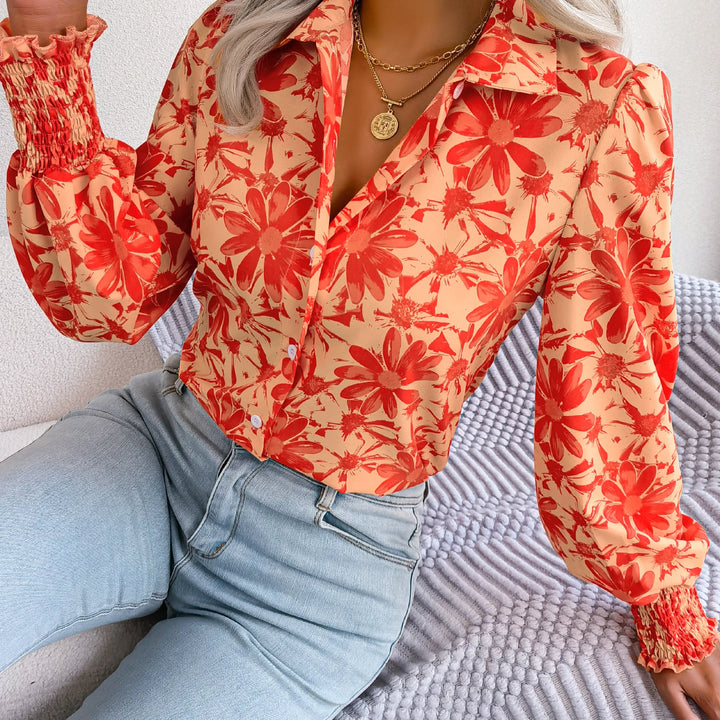 Casual Lapel Button Long Sleeve  Flower Print Shirts