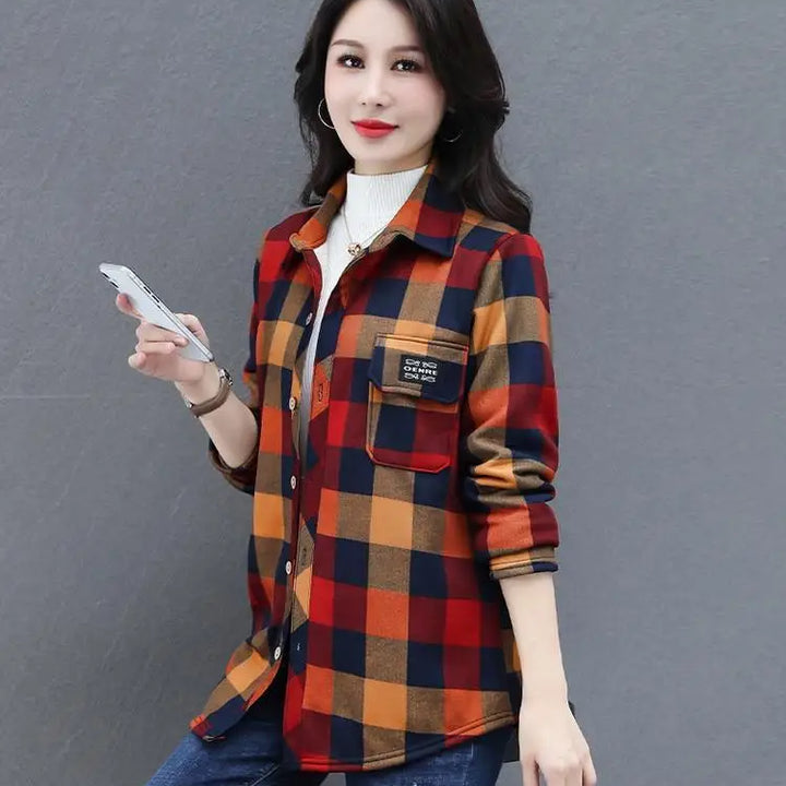 Autumn Winter Velvet Harajuku Top - Loose Fit Lattice Button-Up Shirt