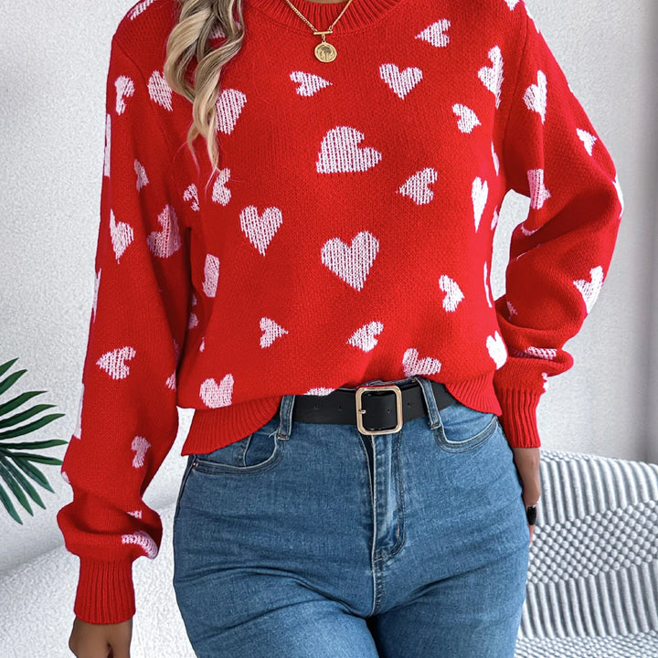 Autumn Winter Love Pattern Knitted Pullover - Round Neck Long Sleeve Sweater