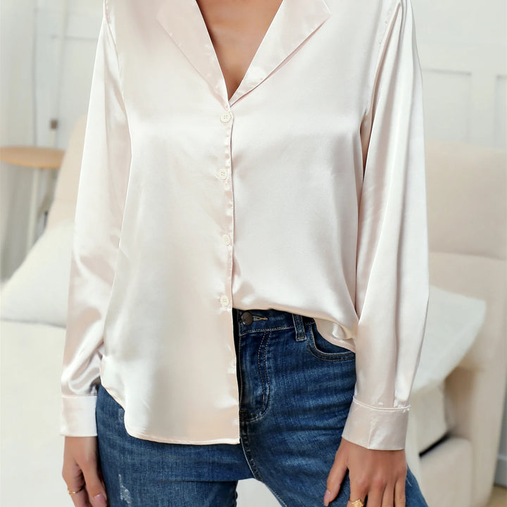 Casual Suit Collar Button Front Long sleeved Solid Color Satin Shirt For Women Blouse