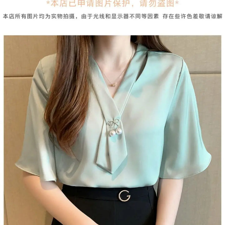 Short Sleeve V-neck Chiffon Blouse - Breathable Slim Elegant Summer Office Top