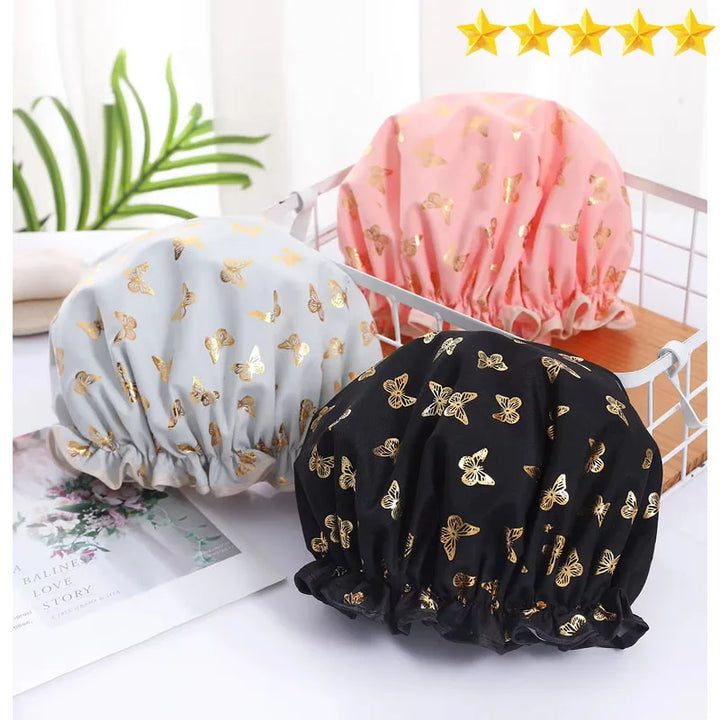 Double Shower Cap Waterproof Hair Cap Hot Gold Printed Terylene Cotton Shower Cap Bathing Women