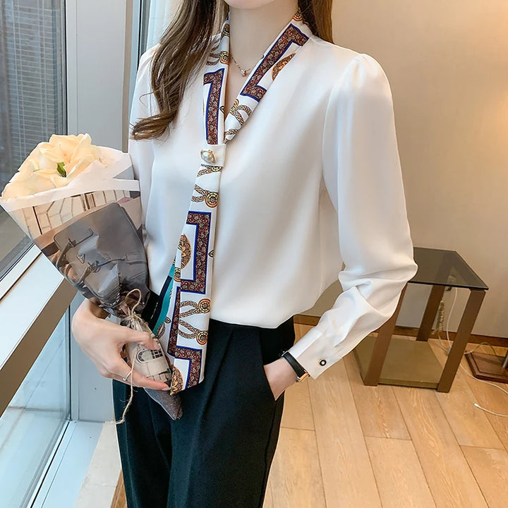 Spring Chiffon Blouse - Bow Long Sleeve Office Lady Casual Top