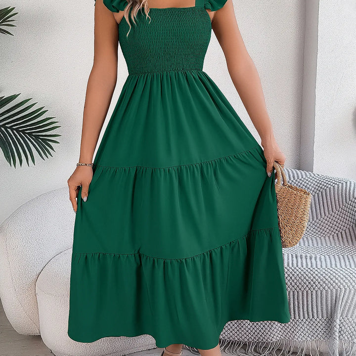 Solid Square Neck Dress - Elegant Waist-Tied Long Dress