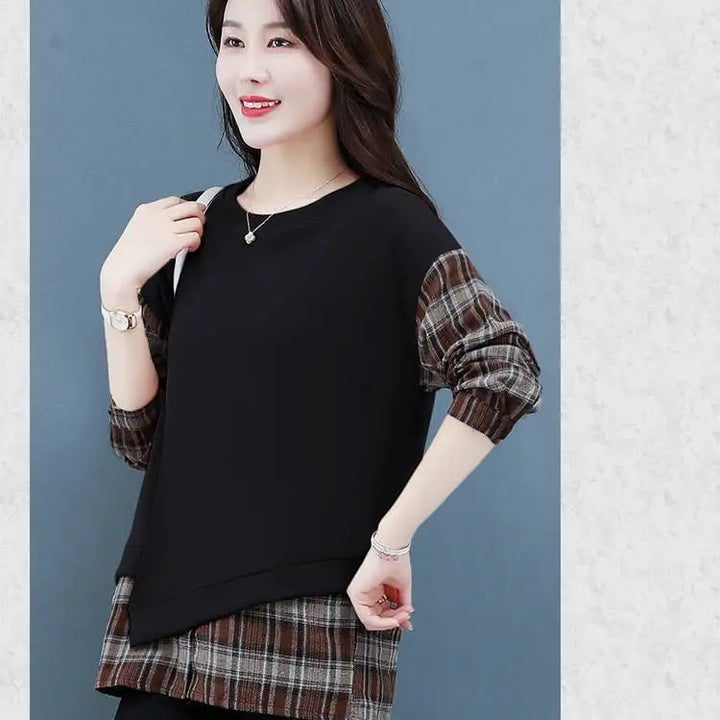 Autumn Plaid Sweatshirt - Casual Round Neck Long Sleeve Patchwork Top