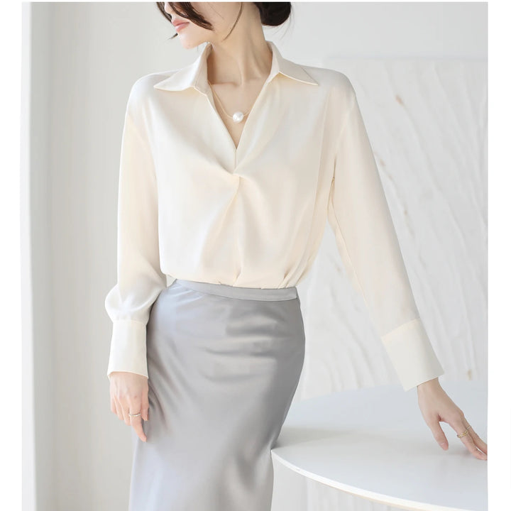 Autumn Casual Turn-Down Collar Blouse - Off-White Chiffon Long Sleeve Shirt