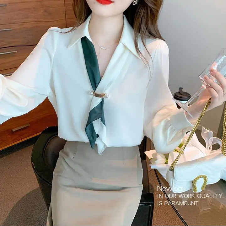 Women’s Bow Tie Blouse - Elegant Korean Fashion V-Neck Long Sleeve Office Top