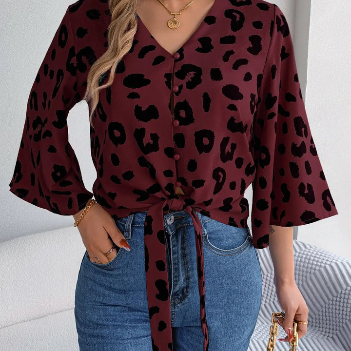 Casual V Neck 3/4 Sleeve Button Front Leopard Print Blouse, Women's Clothing