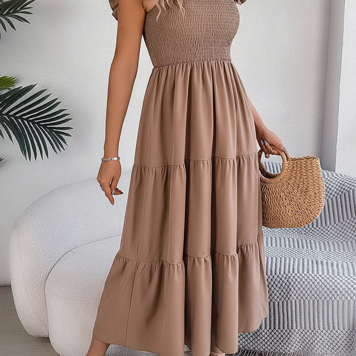 Solid Square Neck Dress - Elegant Waist-Tied Long Dress